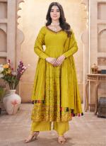 Roman Silk Yellow Ceremonial Wear Foil Print Readymade Anarkali Suit